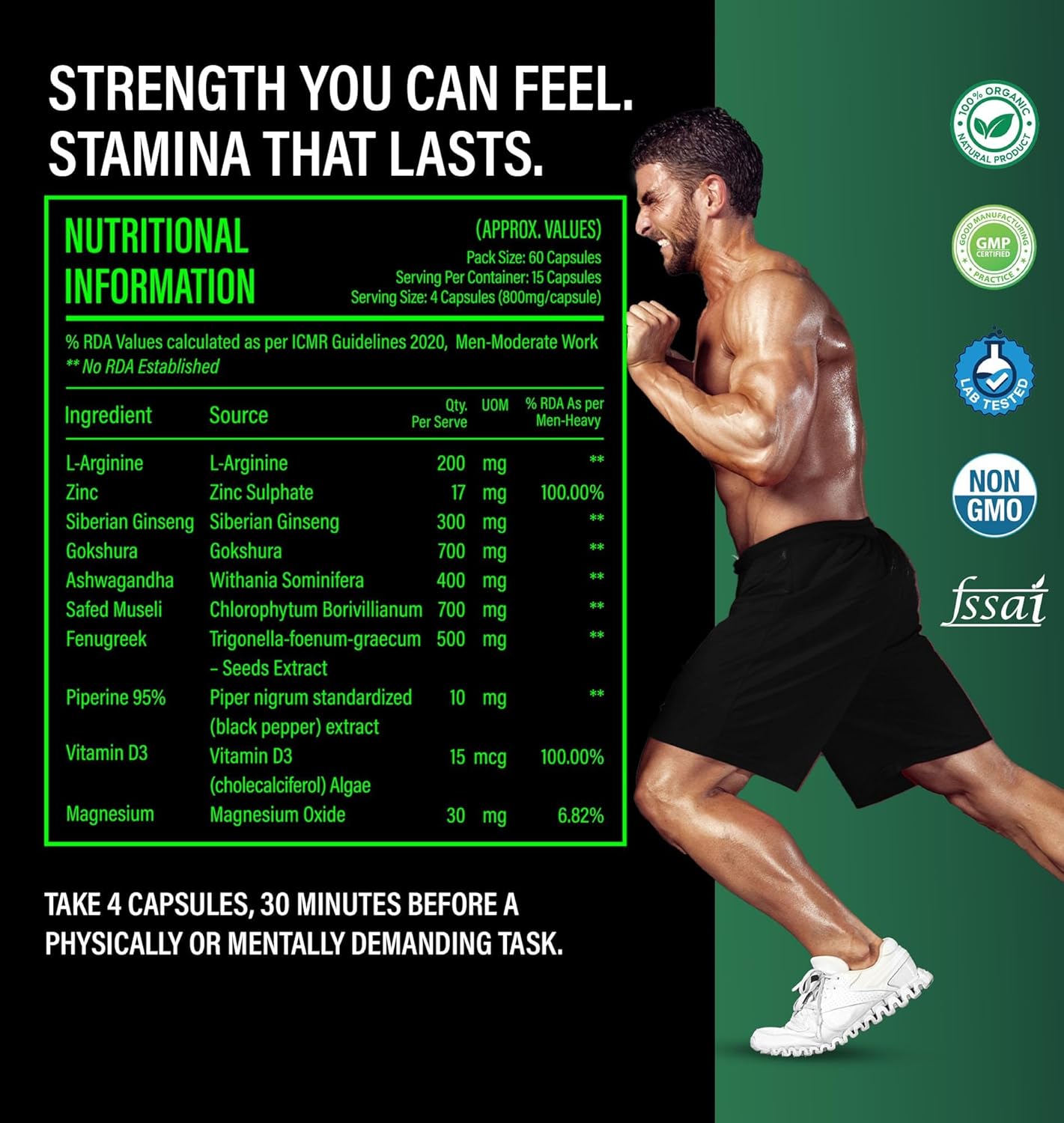 Be. Alpha Testosterone Support for Men | Daily Magnesium Supplement, Ashwagandha, Safed Musli, Fenugreek, Gokhshura & Ginseng | For Energy, Stamina, Vitality & Muscle Mass | (60 capsules)