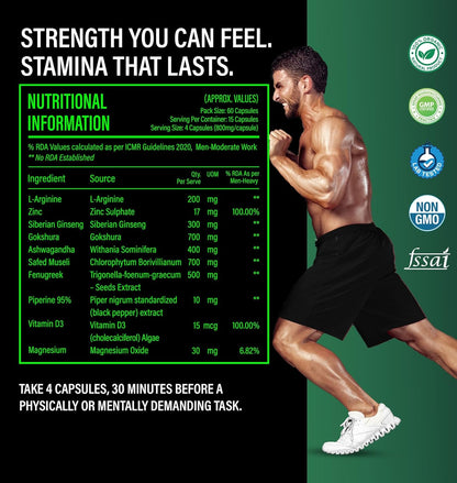 Be. Alpha Testosterone Support for Men | Daily Magnesium Supplement, Ashwagandha, Safed Musli, Fenugreek, Gokhshura & Ginseng | For Energy, Stamina, Vitality & Muscle Mass | (60 capsules)