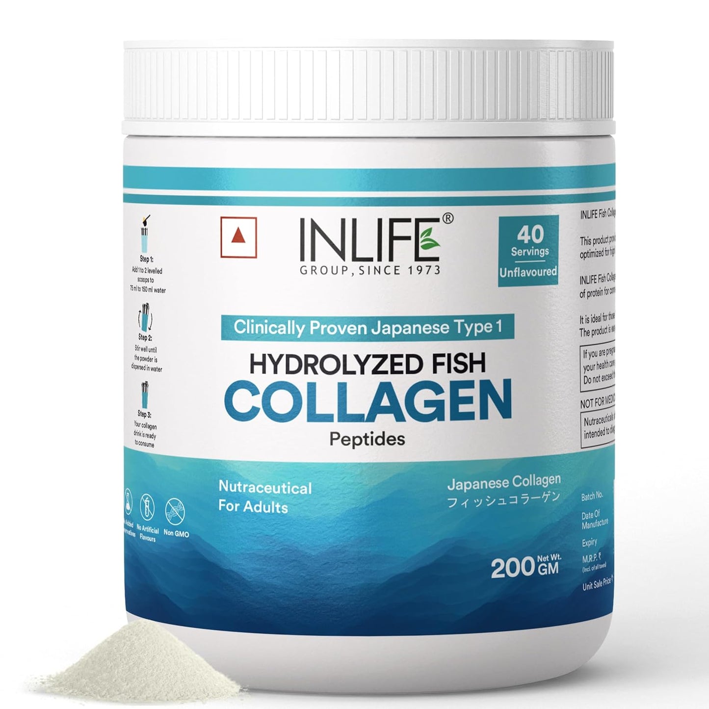 INLIFE Japanese Marine Collagen Supplements | Clinically Proven Ingredient | Hydrolyzed Fish Collagen Powder for Skin, Hair & Joints for Women & Men (Unflavored)