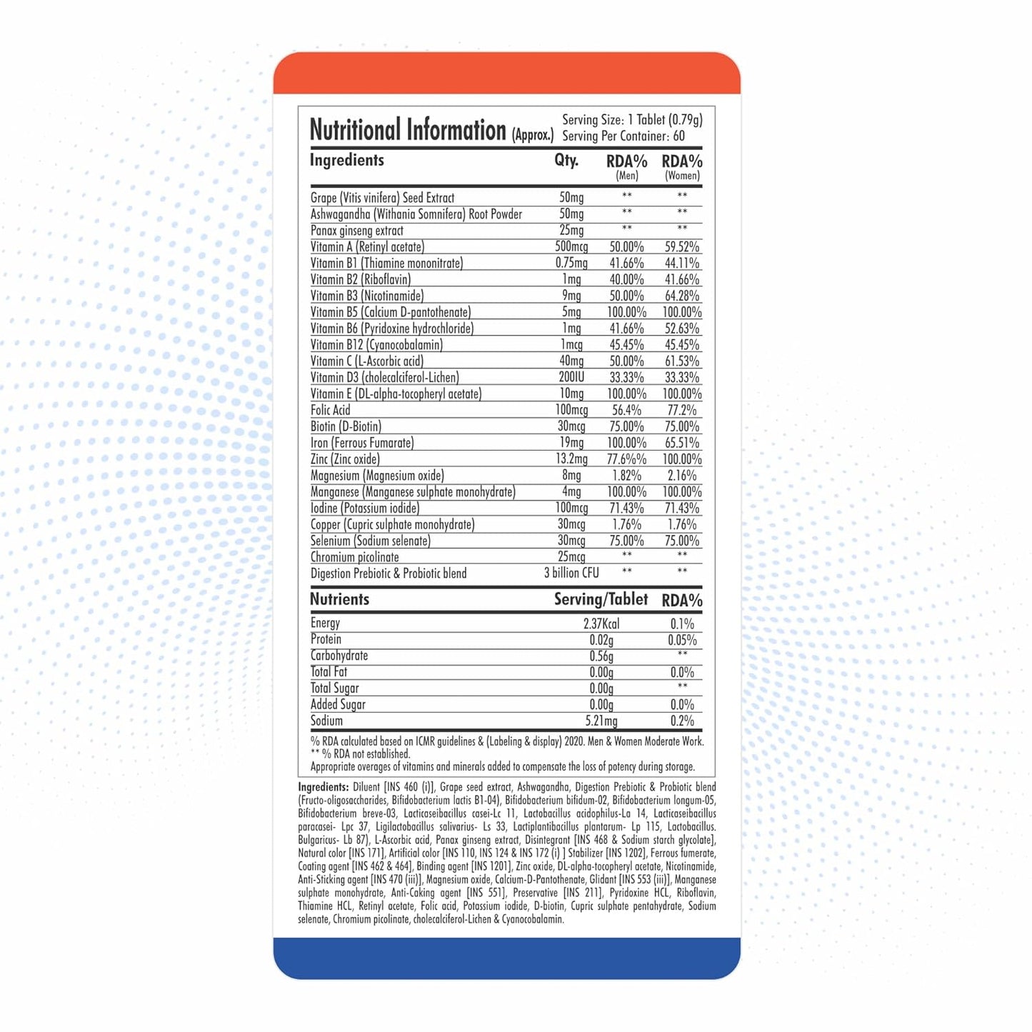 Nutritional information label on a supplement container with a white background.