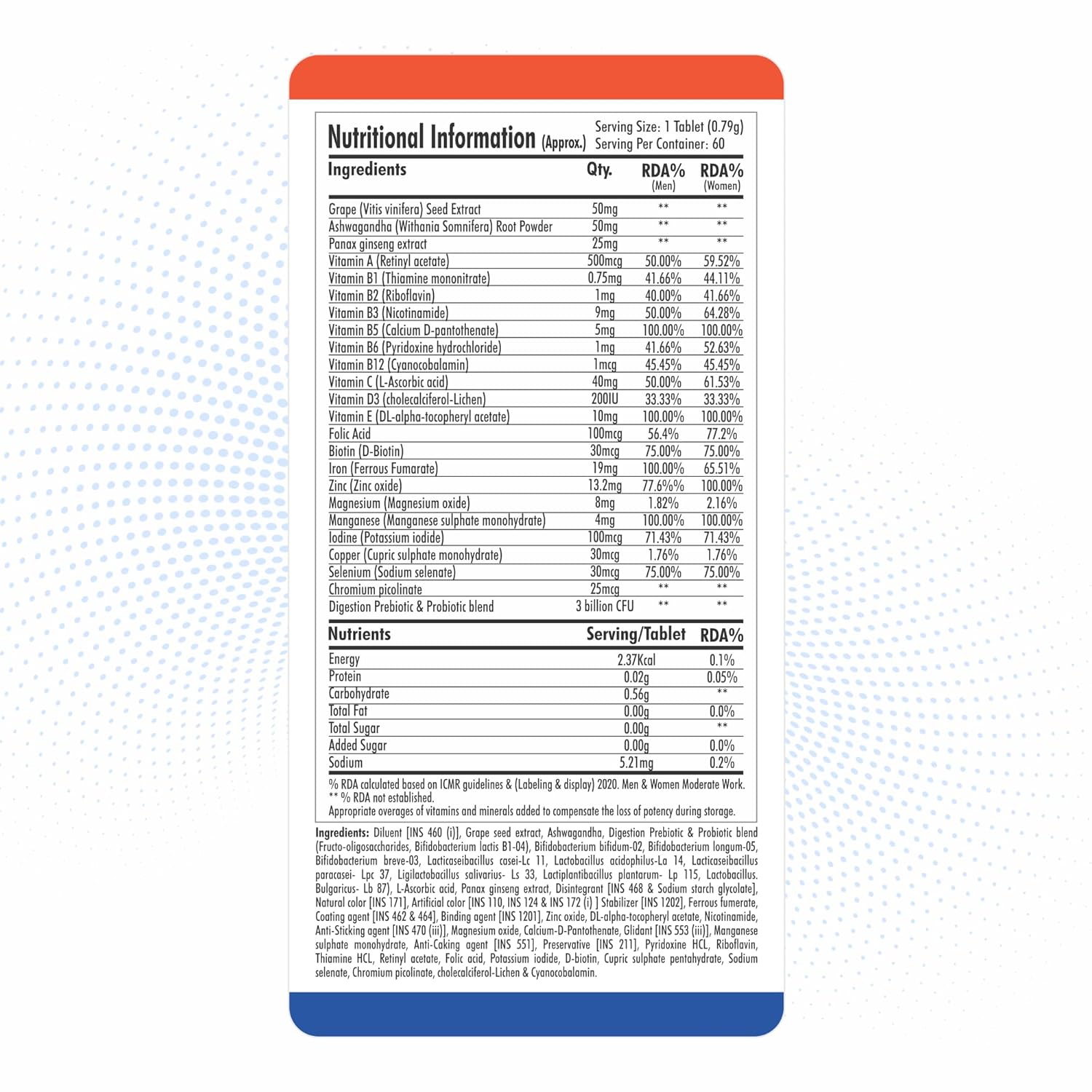 Nutritional information label on a supplement container with a white background.
