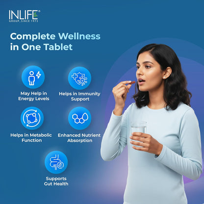 INLIFE Multivitamin Tablets For Men & Women with Ginseng & Prebiotic Probiotic | Multivitamin Supplement with Vitamin B12, C, D, E, Zinc & Biotin Nutrition Tablet (60 Tablets)
