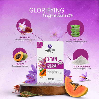 Ayouthveda D-TAN Face Pack Powder for Tan Removal, Prevents Sun Damage & Boosts Skin Health | with Goodness of Papaya, Aloevera & Saffron|For Glowing & Hydrated Skin (10gX8Sachets)(Pack of 1)