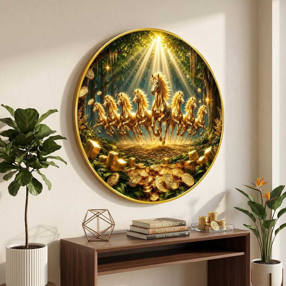 7 Horse Vastu Round Wall Painting with Premium PVC Golden Frame, Golden Running Horses Wealth Coins Forest Art for Living Room Office Home Decor (20 x 20 Inch) GRL-438