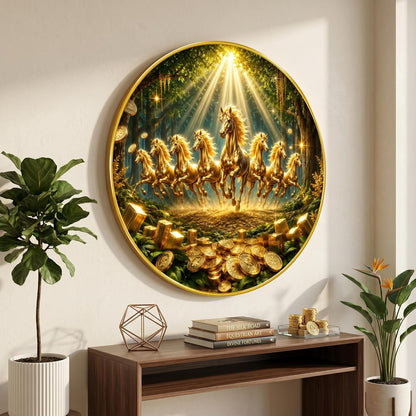 7 Horse Vastu Round Wall Painting with Premium PVC Golden Frame, Golden Running Horses Wealth Coins Forest Art for Living Room Office Home Decor (20 x 20 Inch) GRL-438