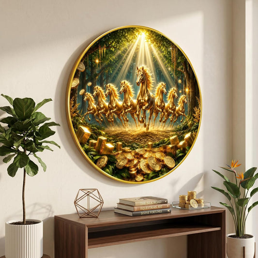 7 Horse Vastu Round Wall Painting with Premium PVC Golden Frame, Golden Running Horses Wealth Coins Forest Art for Living Room Office Home Decor (20 x 20 Inch) GRL-438