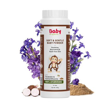 BabyOrgano 100% Natural Talc Free Baby Powder for 0+ Years | Soft & Gentle Diaper Powder with Tavakshir & Yashad Bhasma | SLS & Paraben Free | 100g (Pack of 1)