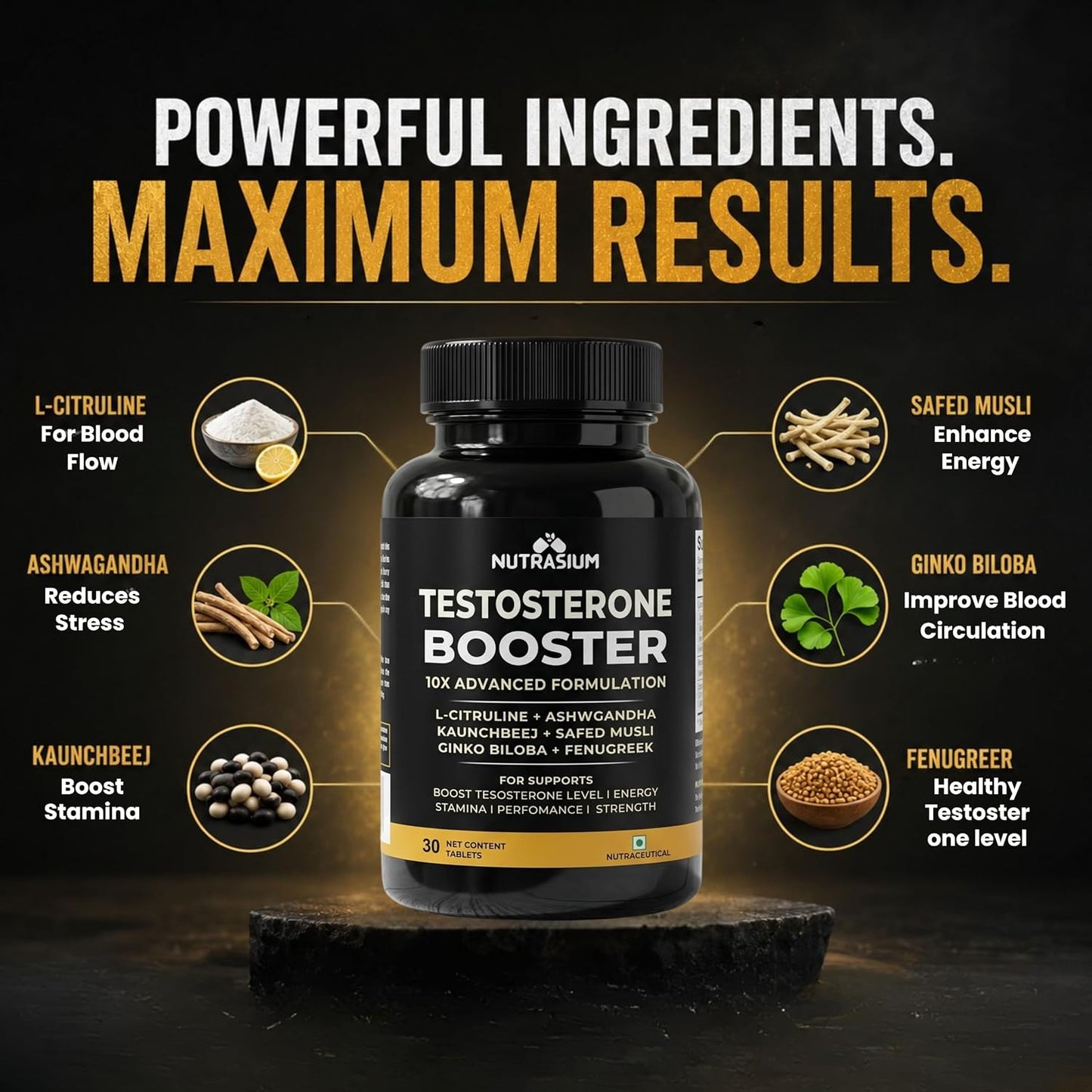 Nutrasium Testosterone Booster Supplement For Men | Testo Booster with Tribulus 1000mg & Ashwagandha 500mg | L-Citrulline & Kaunch Beej | Safed Musli & Ginkgo Biloba | 30 Veg Tablets