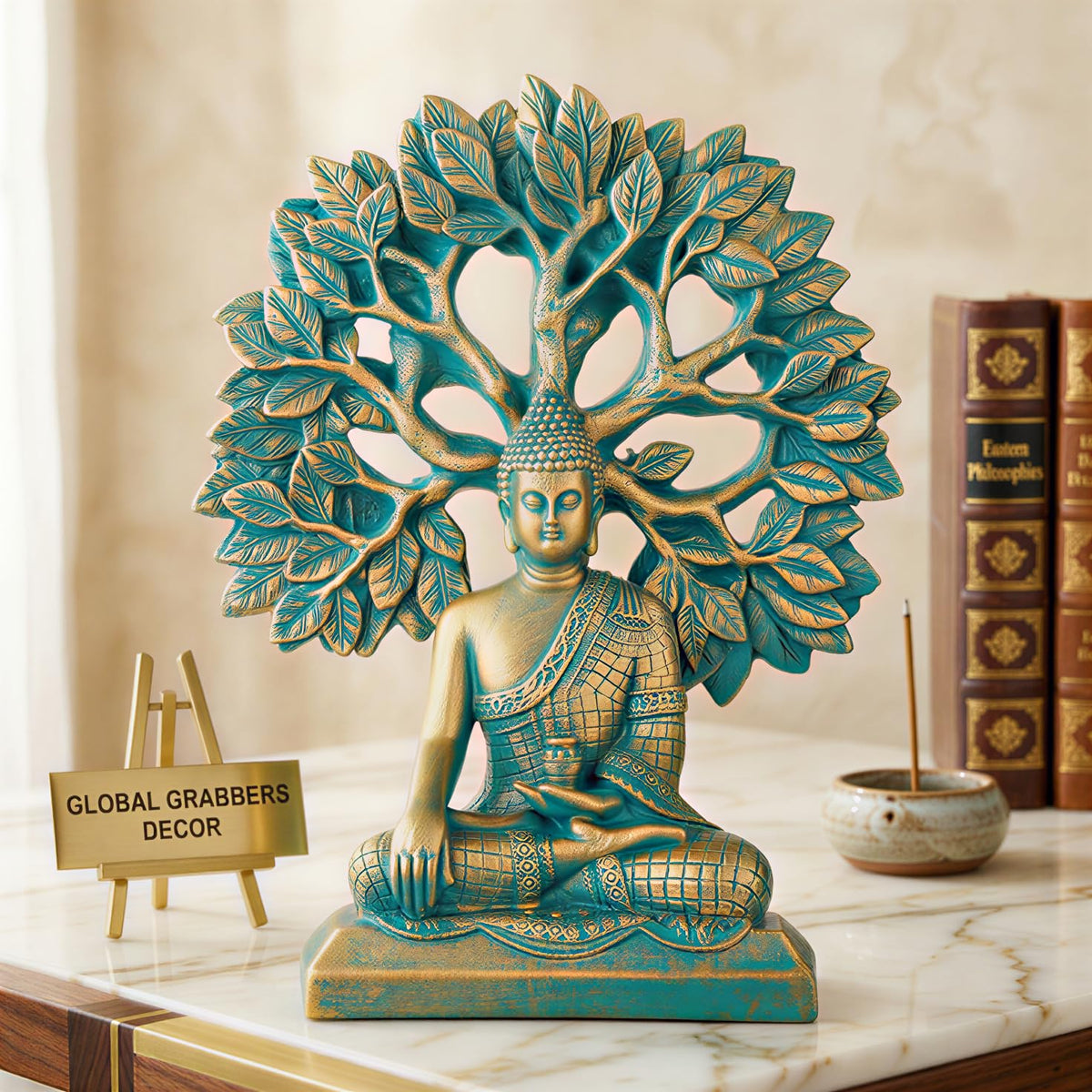 Global Grabbers Buddha Statue Showpiece Idol Home Decor Decoration Items for Living Room and Gifts (Antique Golden Blue)