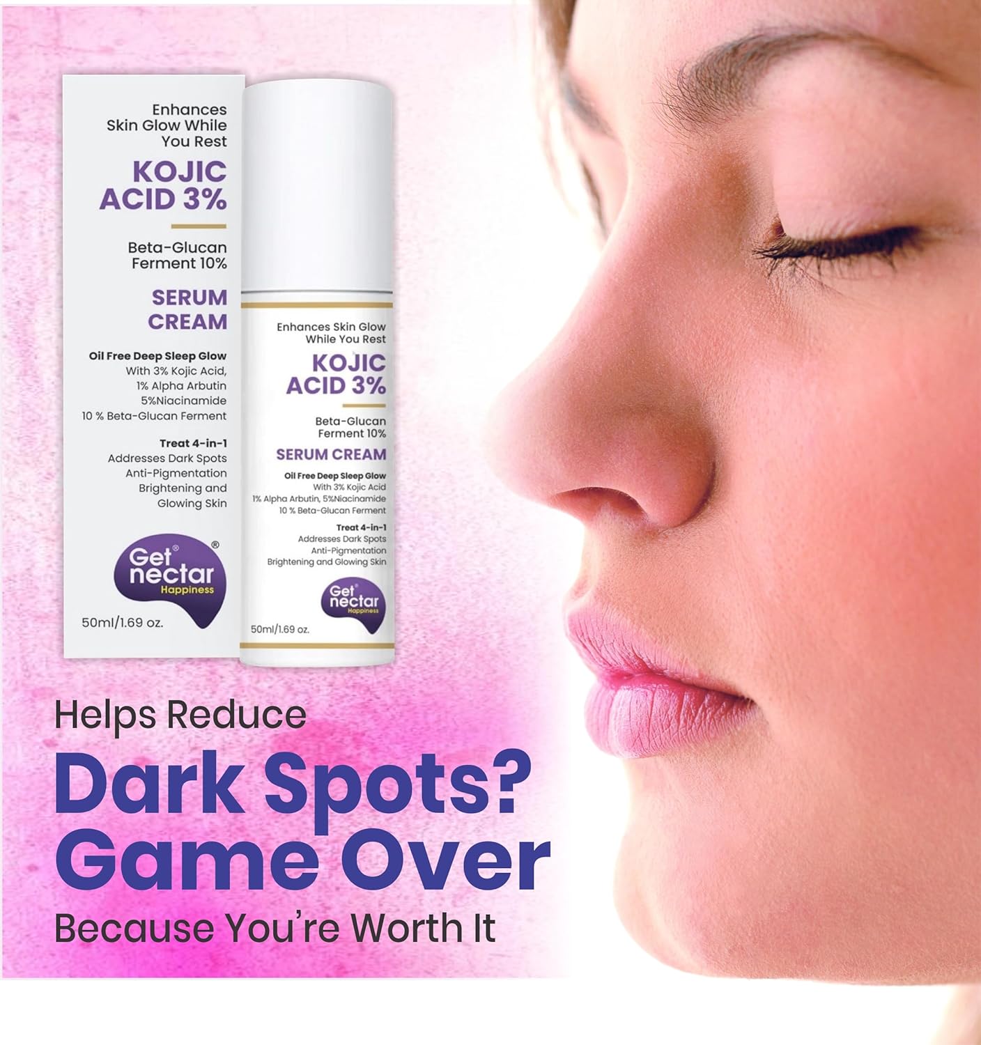 Get Nectar Happiness Glow Serum Cream with 3% Kojic Acid 5% Niacinamide 1% Alpha Arbutin & 25% Beta-Glucan for Dark Spots, Anti-Pigmentation, Brightening, Glowing Skin 50ml