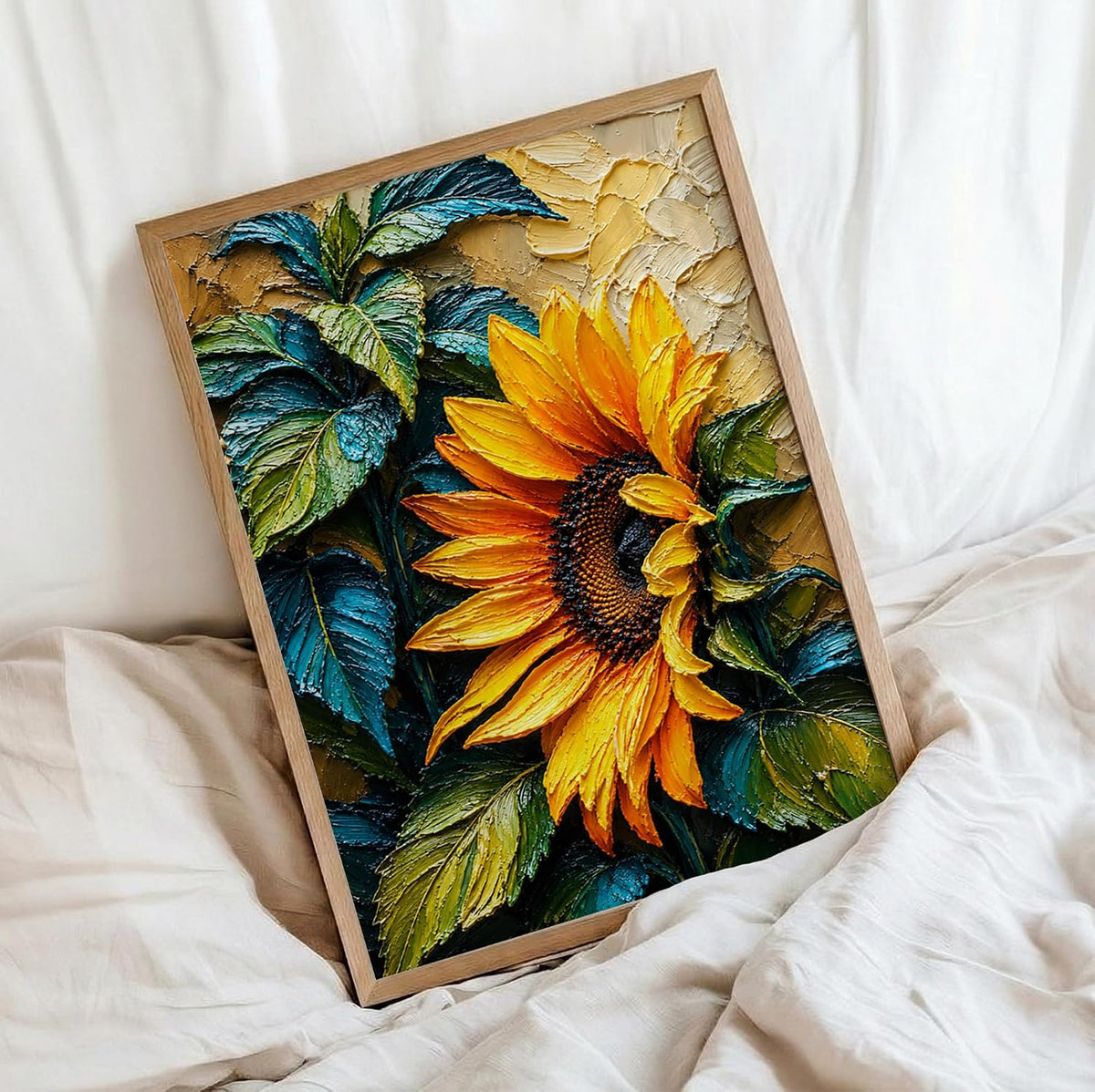 Sunflower Green Leaves Framed Wall Art, Natural, 10x13 Inches