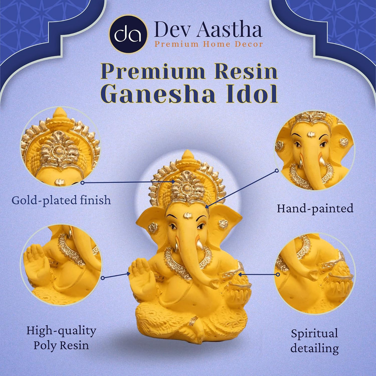 Lord Ganesha Idol for Car Dashboard, Home Decor & Pooja | Resin Gold Plated Ganpati Murti | 3.5 Inch Ganesh Statue for Gift, Diwali, Housewarming, Baby Shower, Mandir Decor, Yellow, Pack -1