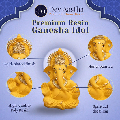 Lord Ganesha Idol for Car Dashboard, Home Decor & Pooja | Resin Gold Plated Ganpati Murti | 3.5 Inch Ganesh Statue for Gift, Diwali, Housewarming, Baby Shower, Mandir Decor, Yellow, Pack -1