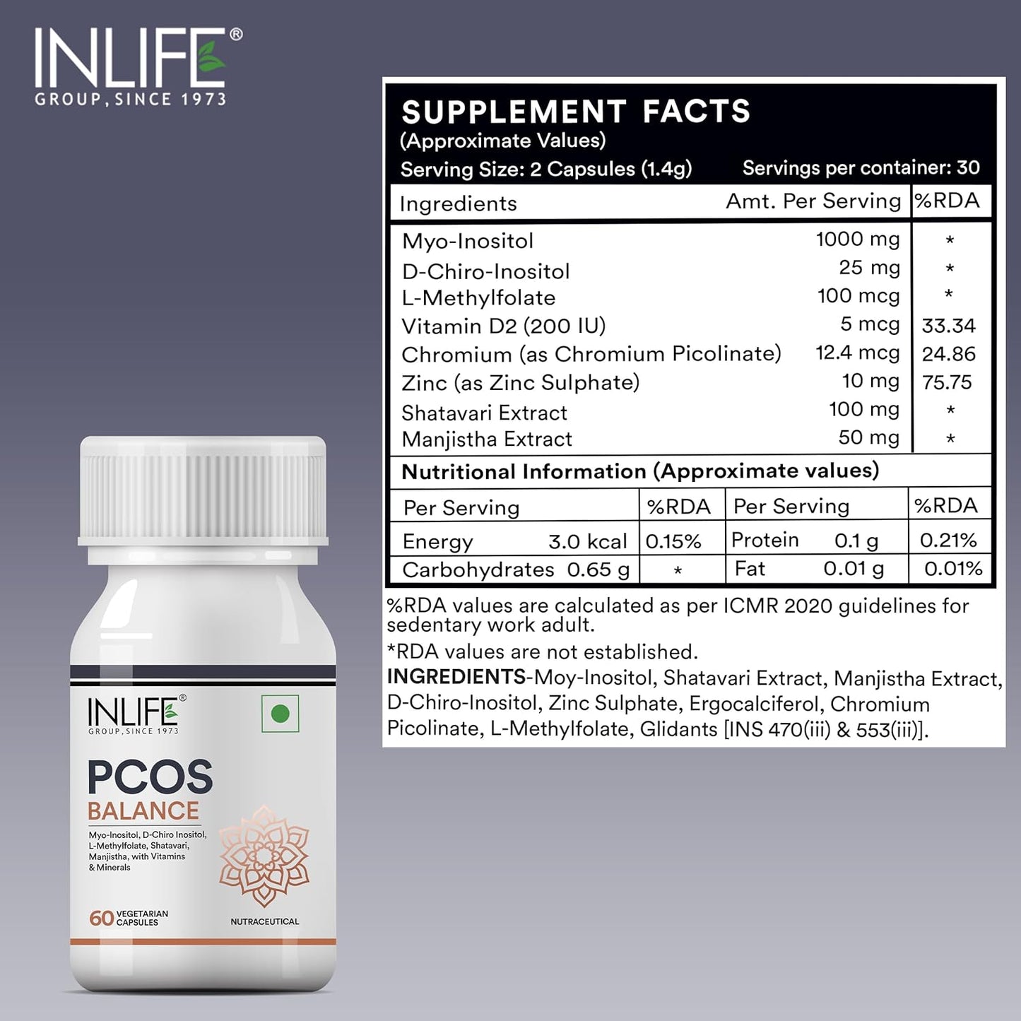 INLIFE PCOS Supplements for Women | PCOS Balance Capsule | Myo Inositol D Chiro Inositol Shatavari Manjistha Vitamins Minerals -60 Vegetarian Capsules (Pack of 1)