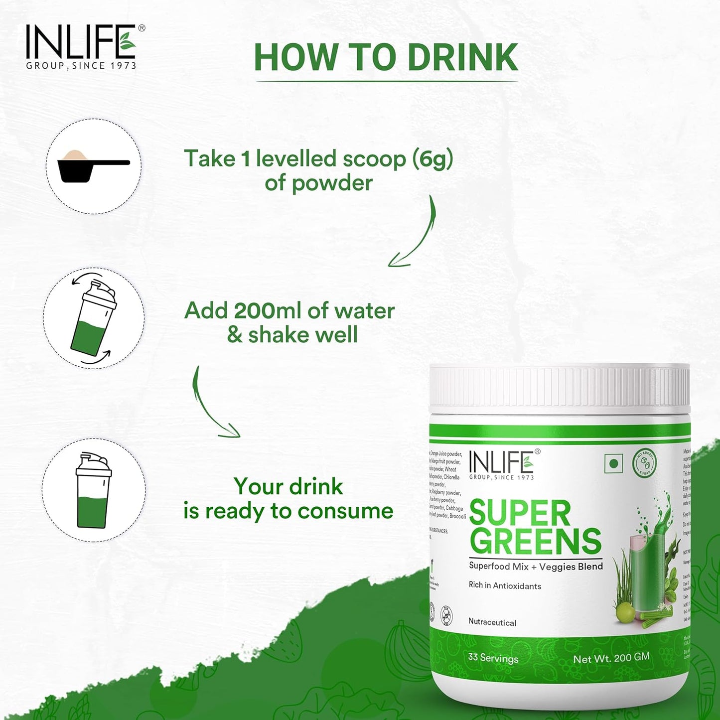 INLIFE Super Greens Powder Supplement | Spirulina, Moringa, Chlorella, Alfalfa, Wheat Grass, Barley Grass Blend | - 200g