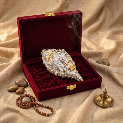 Vinayaka Fab 999 Pure Silver Plated & 24K Gold Plated Ganesh Shankh with Velvet Box - Sacred Vastu Conch Shell Idol for Home Temple, Office & Auspicious Gift (Silver and Gold, 5.5 Inch)