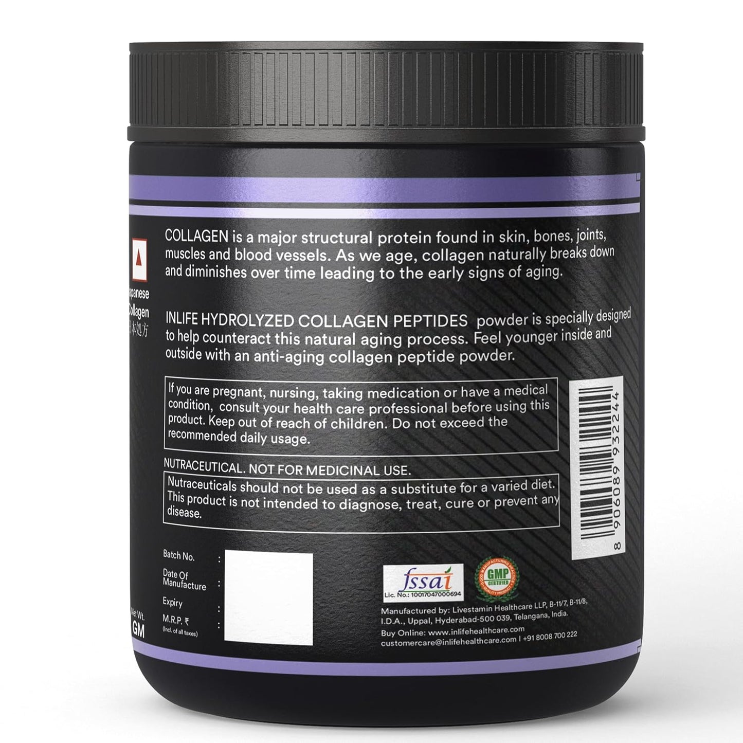INLIFE Japanese Hydrolyzed Collagen Peptides Powder Clinically Proven Ingredient, Type 1 & 3, Skin Health, Bone Health Supplement for Men & Women (Unflavoured, Collagen, 200g)