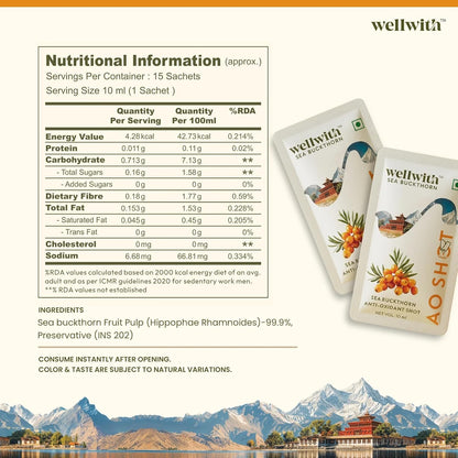 Wellwith Sea Buckthorn Berry AO Shots (150ml,15 Sachet), Pack of 1| Daily Antioxidant & Vitamin C Drink | Supports Immunity, Skin Glow & Energy