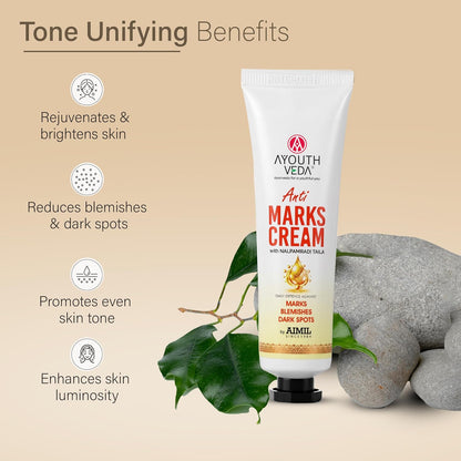 Ayouthveda Anti Marks Cream for Face & Body | Reduces Acne Marks, Dark Spots & Pigmentation | With Nalpamaradi Taila & 6 Essential Oils | Ayurvedic Skin Repair Cream for Men & Women | 30g