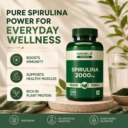 Nutrabud Spirulina Tablets 2000mg per Serving - 120 Veg Tablets - For Women, Men - Preservative & Additive Free (120 Count (Pack of 1))