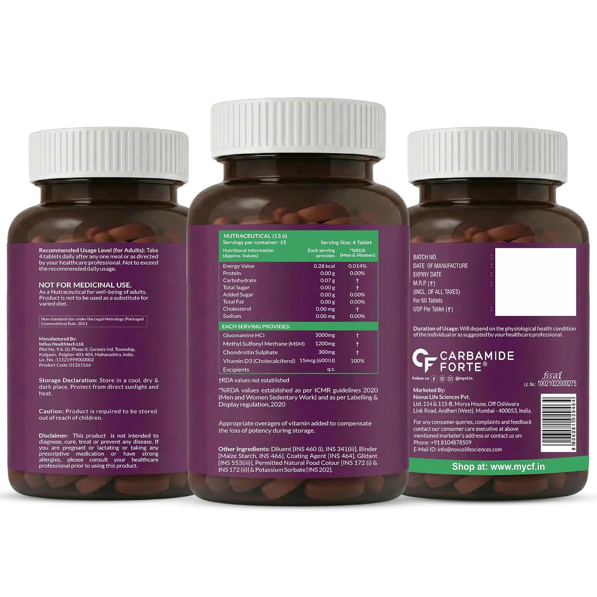 Carbamide Forte Glucosamine Tablets For Joint Support Supplement with Vitamin D3 & Glucosamine Chondroitin MSM | Joint Cartilage Support & Muscle Health | Joint Support Tablets - 60