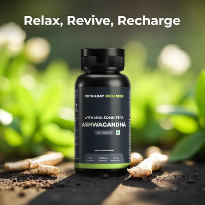 Nutrabay Wellness Ashwagandha supplement bottle with green leaves in the background