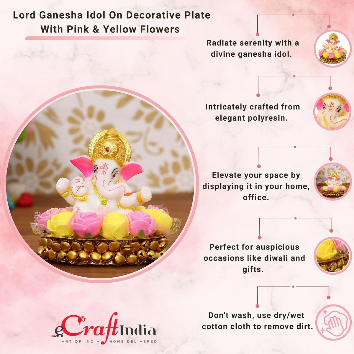 Lord Ganesha Idol on Decorative Handcrafted Plate with Pink and Yellow Flowers