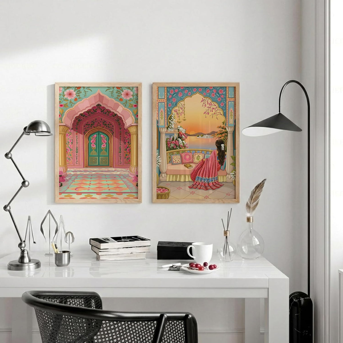 Rajasthani Woman Balcony Lake View Wall Art Painting | Set of 2 Framed Paintings | Indian Aesthetic Decor for Living Room Bedroom Home Office | (ART 1, 13x19 INCHES)