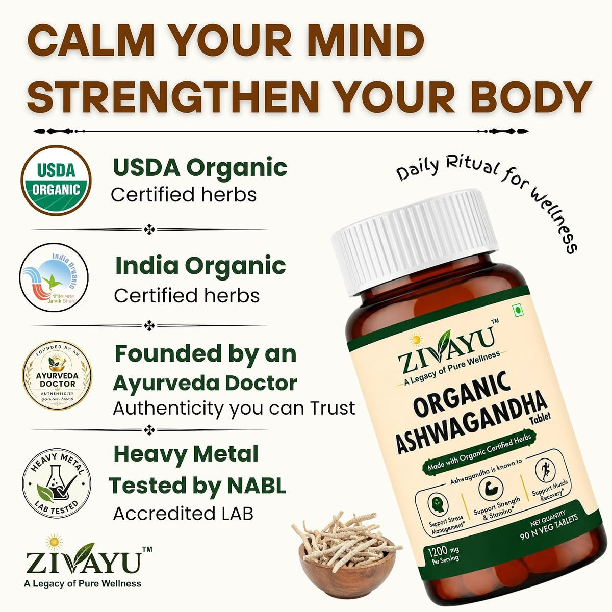 ZIVAYU Organic Ashwagandha Tablets 1200mg (600mg x 2 Per Serving) - Supports Stress & Anxiety Relief, Sleep & Muscle Recovery - USDA & India Organic Certified - Heavy Metal Tested - 90 Tablets