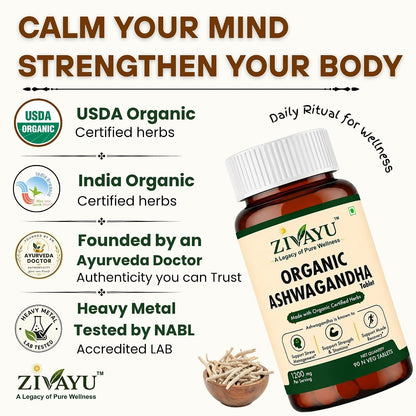 ZIVAYU Organic Ashwagandha Tablets 1200mg (600mg x 2 Per Serving) - Supports Stress & Anxiety Relief, Sleep & Muscle Recovery - USDA & India Organic Certified - Heavy Metal Tested - 90 Tablets