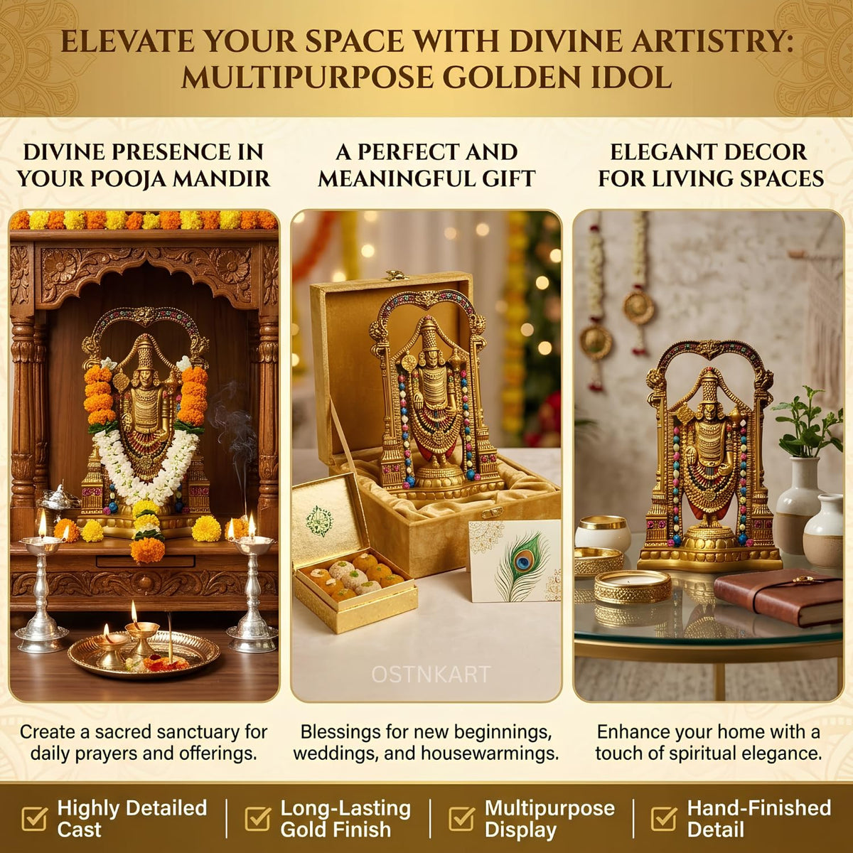 Lord Tirupati Balaji Murti – 8 Inch Golden Polyresin Statue | Handcrafted Venkateswara Idol for Home Temple, Office Desk & Spiritual Gift (Lord Srinivasa Govinda)