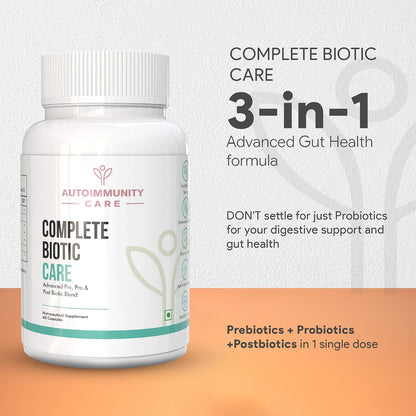 Autoimmunity Care Complete Biotic Care – 3-in-1 Pre Pro & Post Biotic Supplement | Prebiotics + Probiotics Supplement with Postbiotics, for Women & Men | Digestion Improve Supplement, Gut & Immunity | 60 Caps (30 dose)