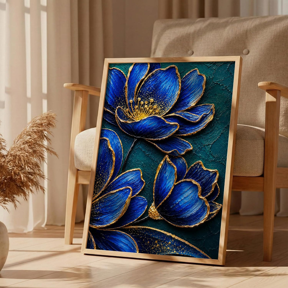 Royal Blue Flowers Framed Wall Art, Natural, 10x13 Inches