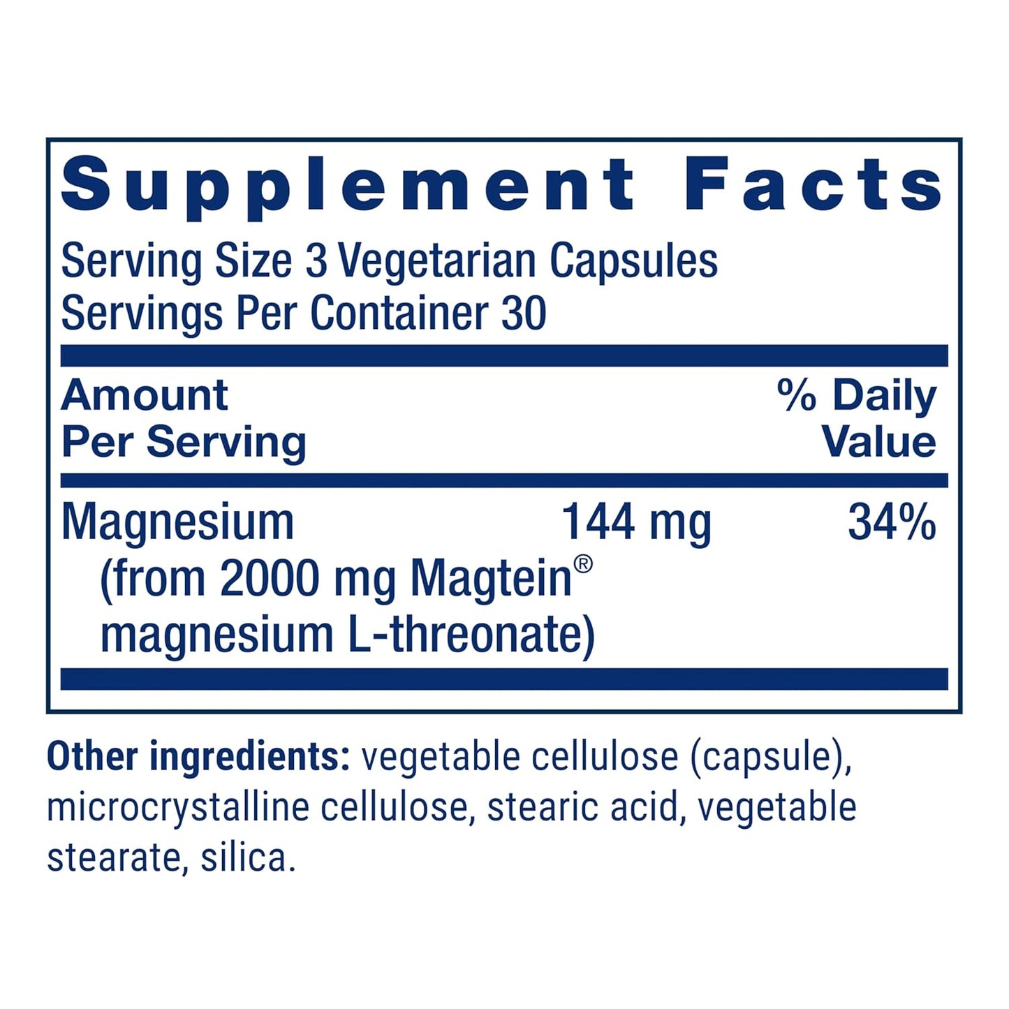 Supplement facts label for magnesium capsules on a white background