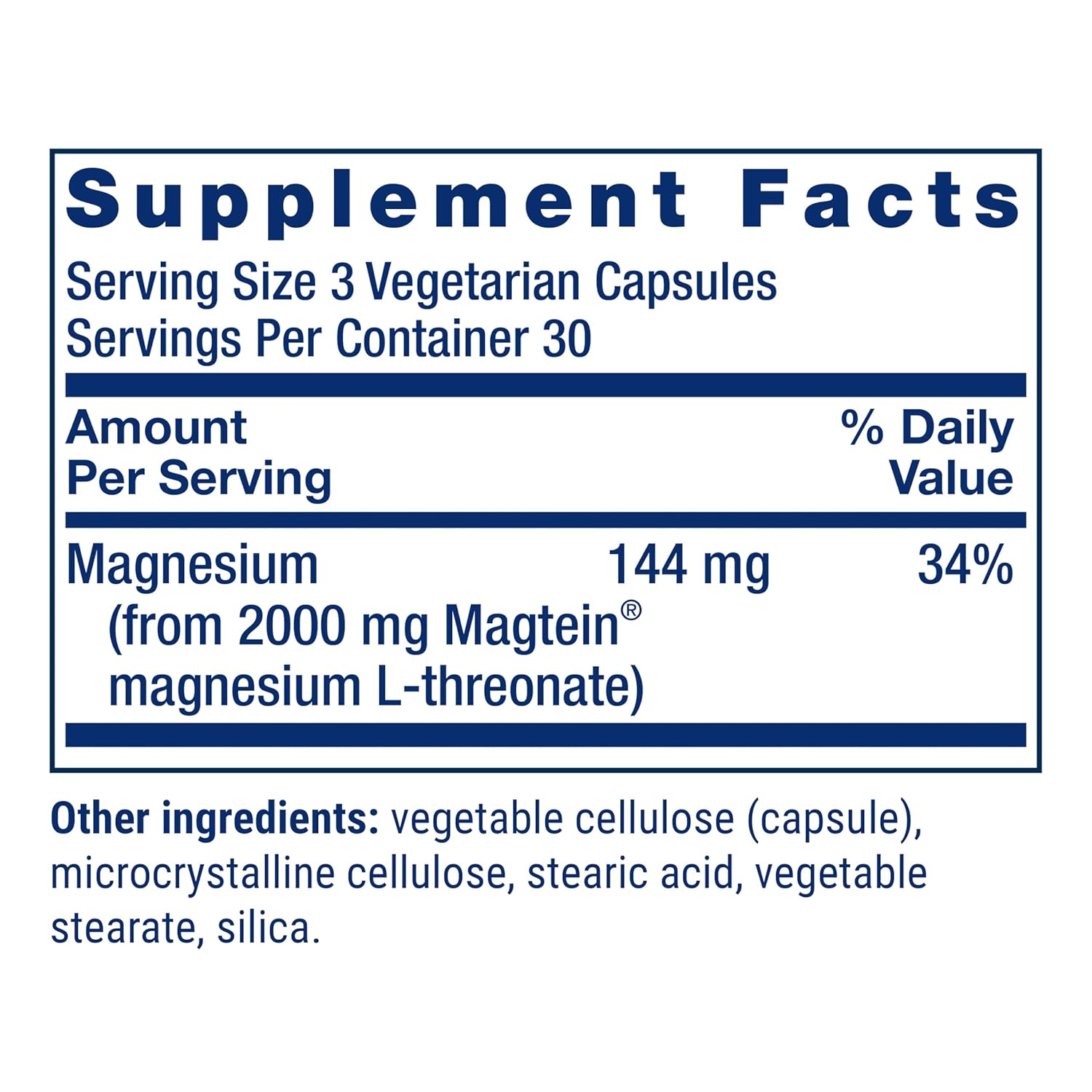 Supplement facts label for magnesium capsules on a white background