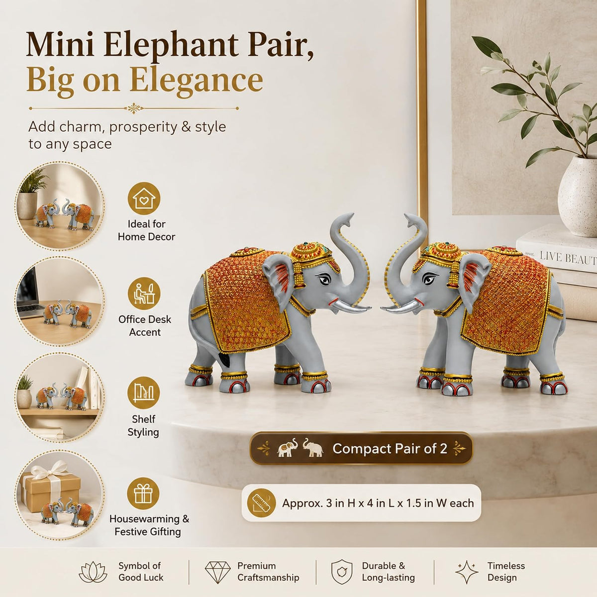 Grey Gold Mini Elephant Showpiece Pair, Car Dashboard, 3 Inch