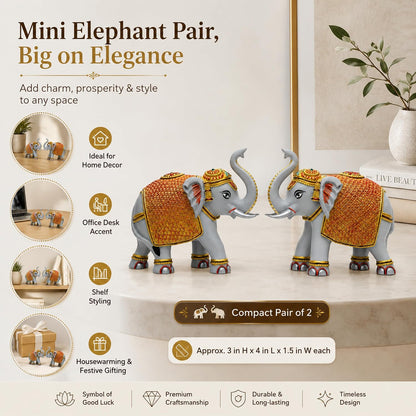 Grey Gold Mini Elephant Showpiece Pair, Car Dashboard, 3 Inch