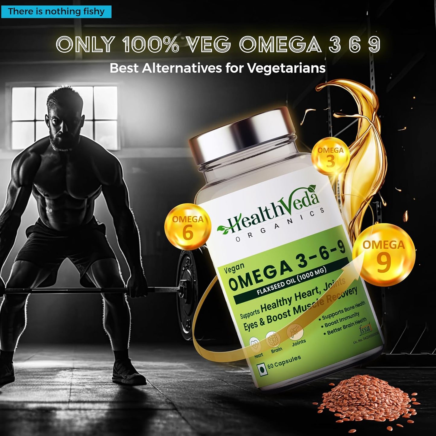 Zephivo Health Veda Organics Vegan Omega 3-6-9 Flaxseed Oil (1000mg) for Healthy Bones, Hair & Skin| 60 Veg Soft Gel Capsules for Both Women & Men