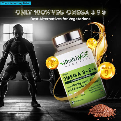 Zephivo Health Veda Organics Vegan Omega 3-6-9 Flaxseed Oil (1000mg) for Healthy Bones, Hair & Skin| 60 Veg Soft Gel Capsules for Both Women & Men