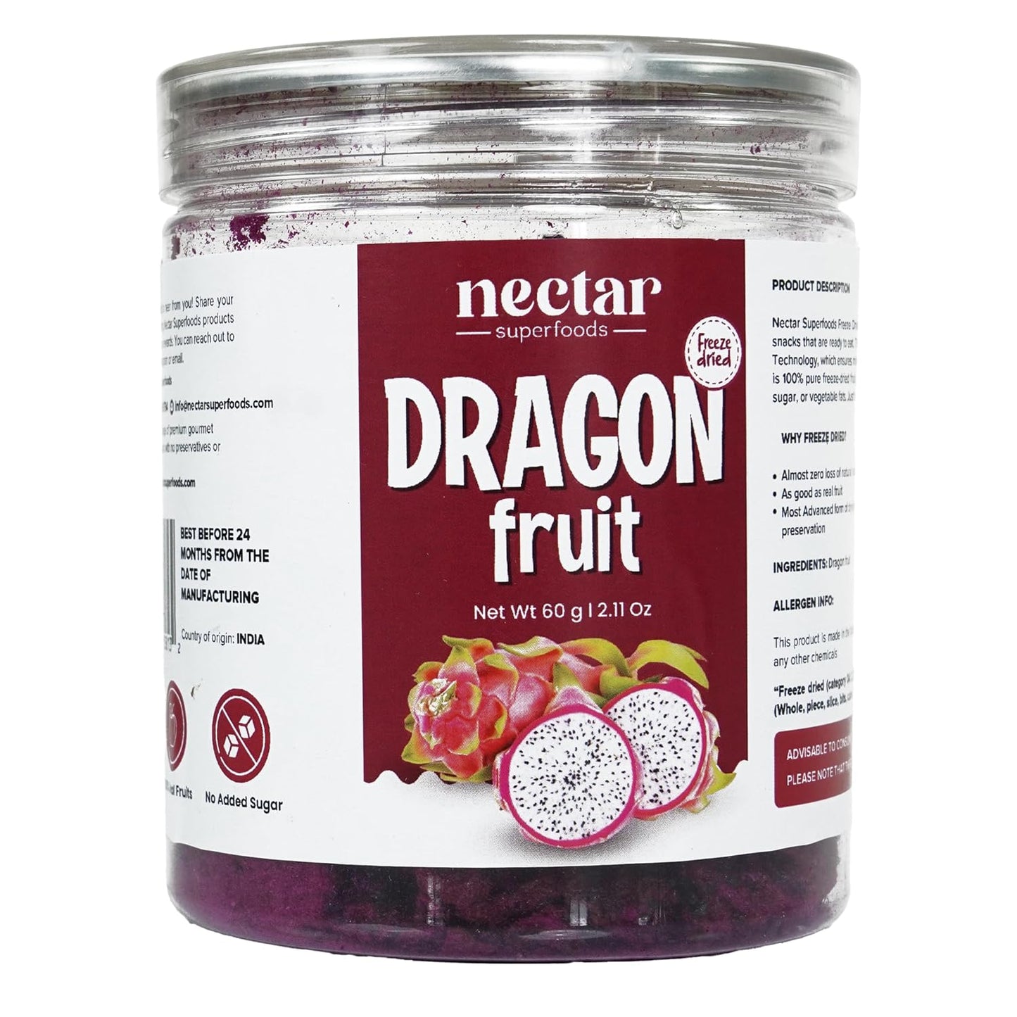 Nectar Superfoods Freeze Dried Dragon fruit - 60 grams Jar-Pack of 1 Nos | 100% Natural & Pure | No Preservatives, No Sugar Added, Vegan | Ideal for Cooking & Seasoning | Made in India
