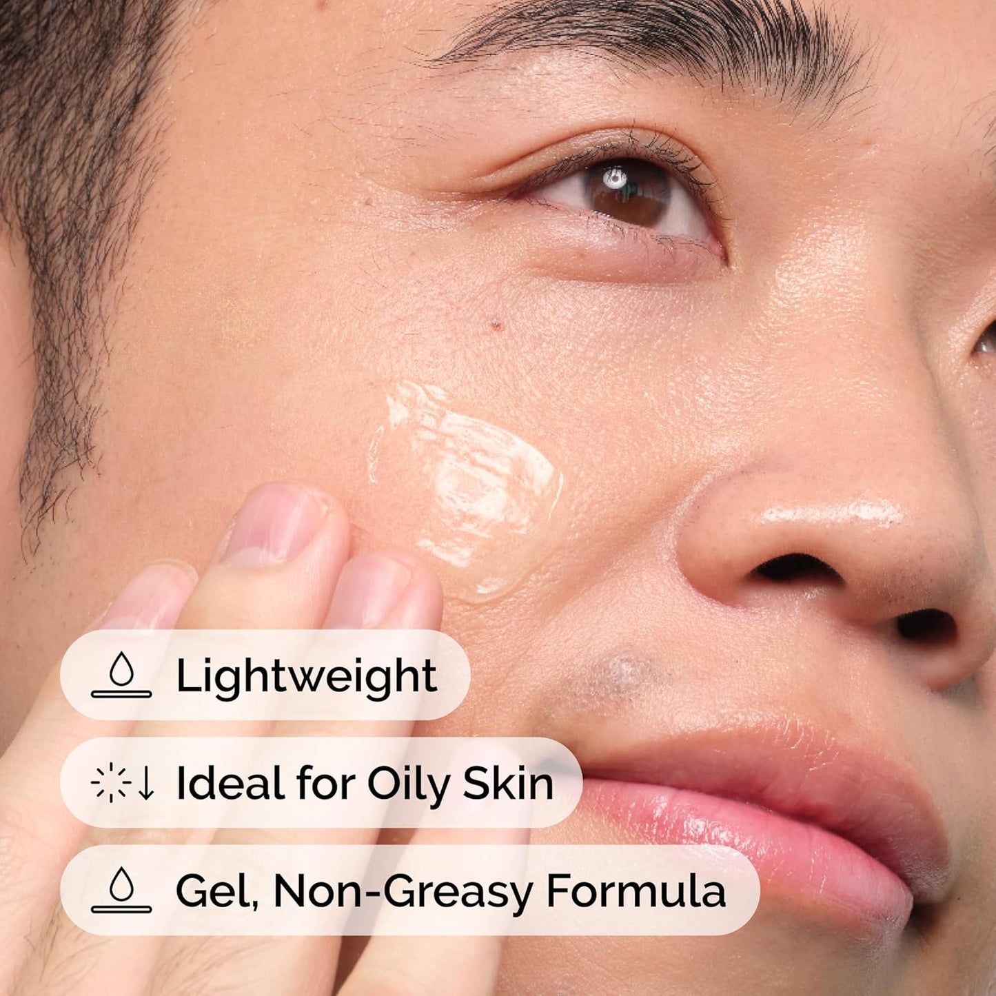 Close-up of a person applying a gel product to their face with text highlighting features.