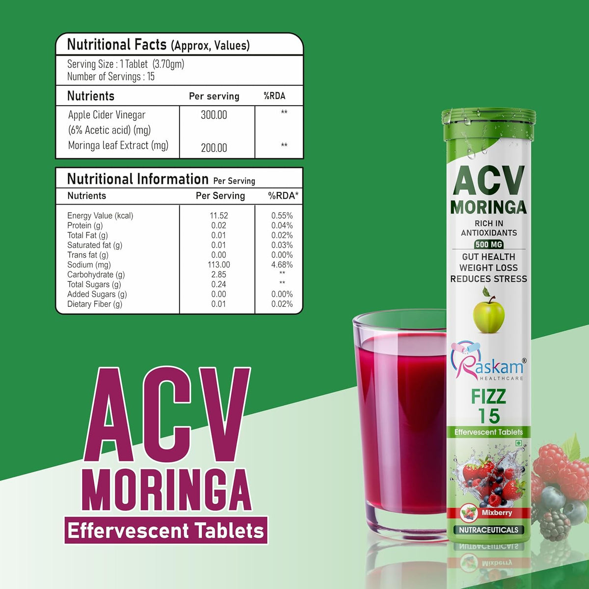 ACV Moringa effervescent tablets with a glass of juice and nutritional information on a green background