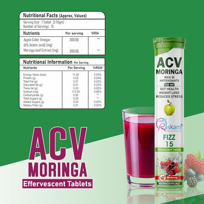 ACV Moringa effervescent tablets with a glass of juice and nutritional information on a green background