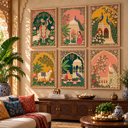 Madhubani Paintings Set of 6 Traditional Indian Peacock Wall Painting With Frame for Living Room Bedroom Hotel Wall Decor Digital Reprint (10X13 Inch)