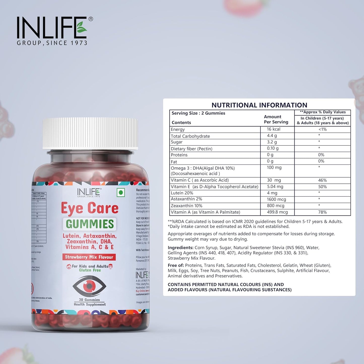 INLIFE Eye Care Gummies for Kids and Adults | Lutein and Zeaxanthin Supplement with Omega 3 Algal DHA, Astaxanthin, Vitamin A, C & E to Support Eye Health - 30 Gummies (Pack of 1)