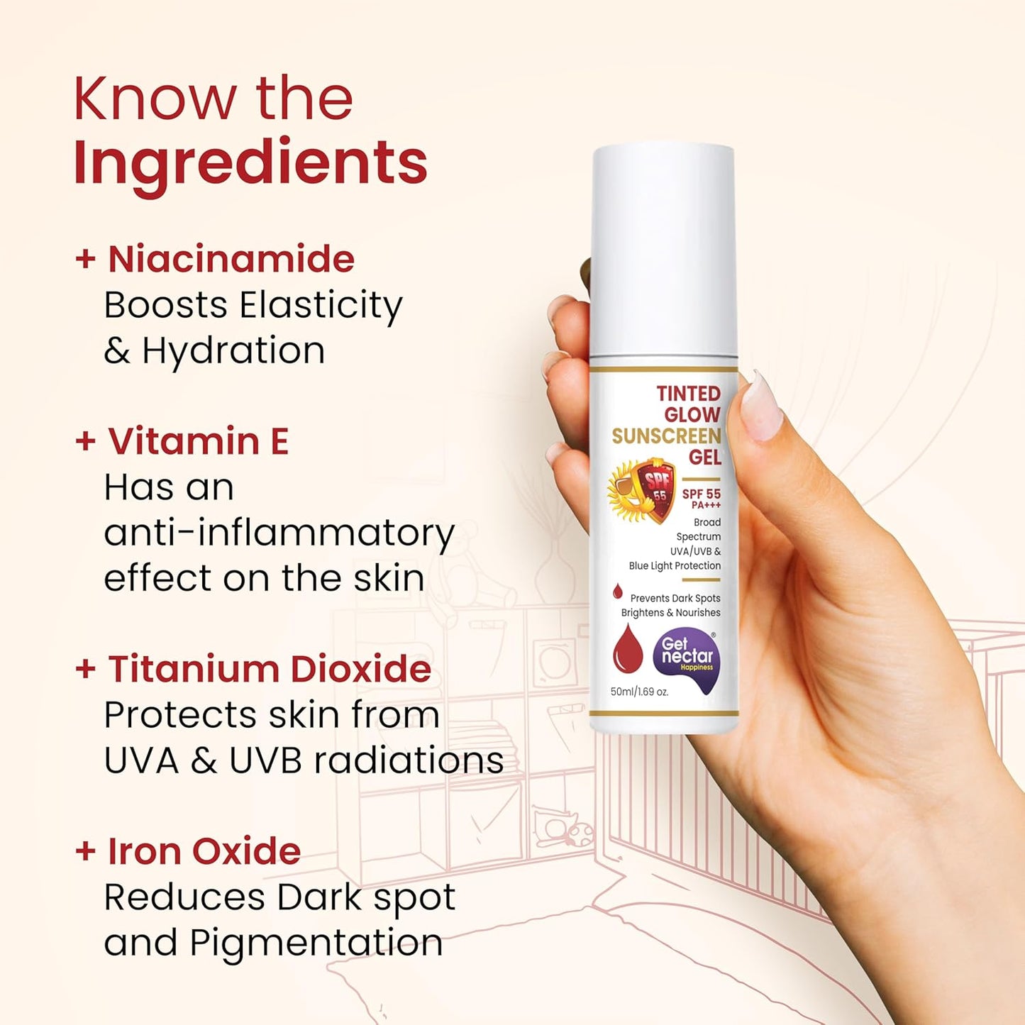 Tinted glow sunscreen gel with hand holding it, ingredients listed on a beige background