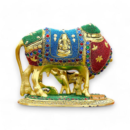KridayKraft Kamdhenu Cow Calf Bal Gopal Krishna Metal Statue, Gold Stone XL
