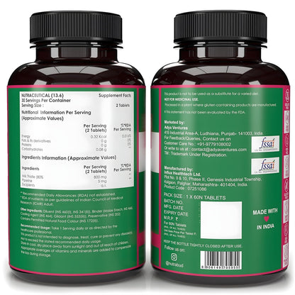 Nutrabud Milk Thistle Tablets With 800mg of 80% Silymarin - 60 Tablets - Liver Detox Supplement For Men And Women For Healthy Liver (60 Count (Pack of 1), Unflavoured)