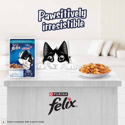 Purina Felix Tuna in Jelly, Wet Food for Adult Cats, 85g Pouch | With Tuna in Jelly, Tasty Meaty Chunks, 100% Complete & Balanced Nutrition, Vitamins D & E, Omega 6, Essential Minerals