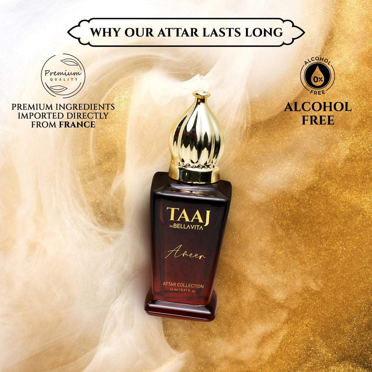 TAAJ Attar bottle with gold cap on a textured beige and brown background, featuring text about product features.